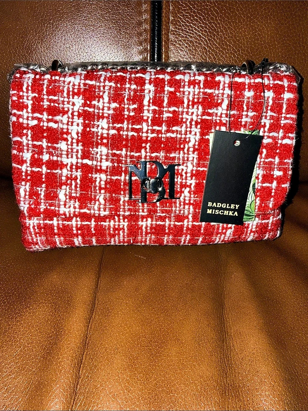 Badgley Mischka Red Tweed Crossbody Bag Red & White NWT